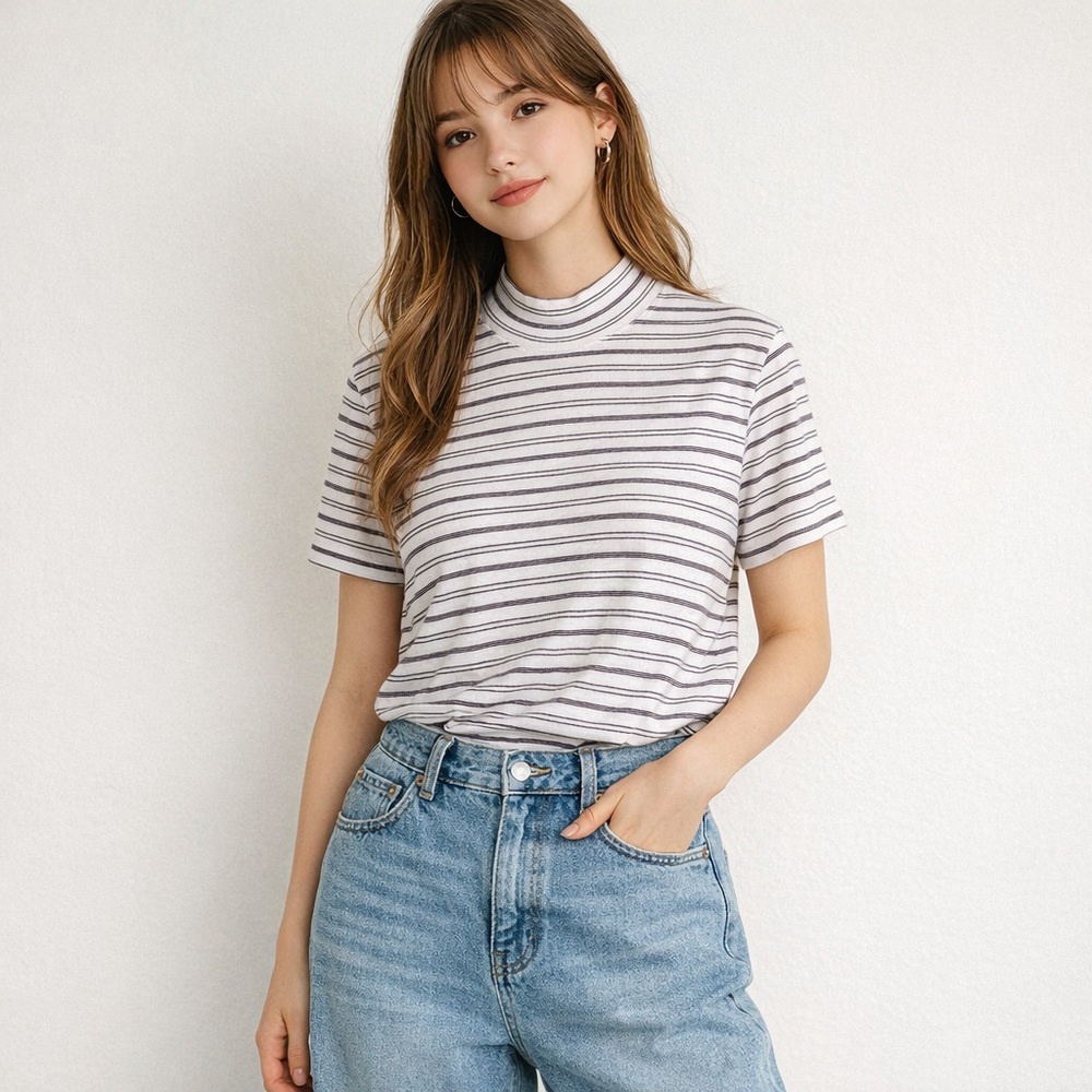 Basic Editions 90's VTG Heather Brenton Stripe Short Sleeve Tee Mock Neck Shirt